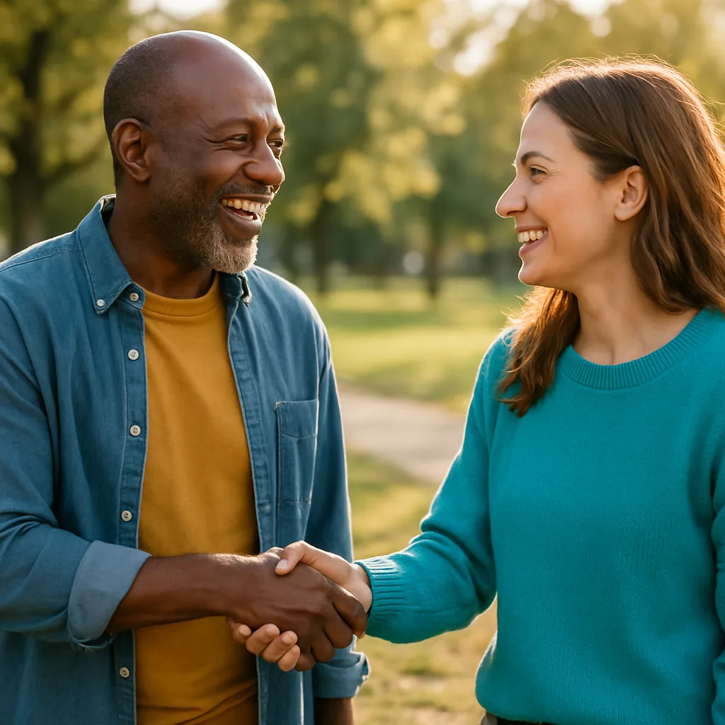 Two people meeting at a local park — genuinely local Shropshire dating