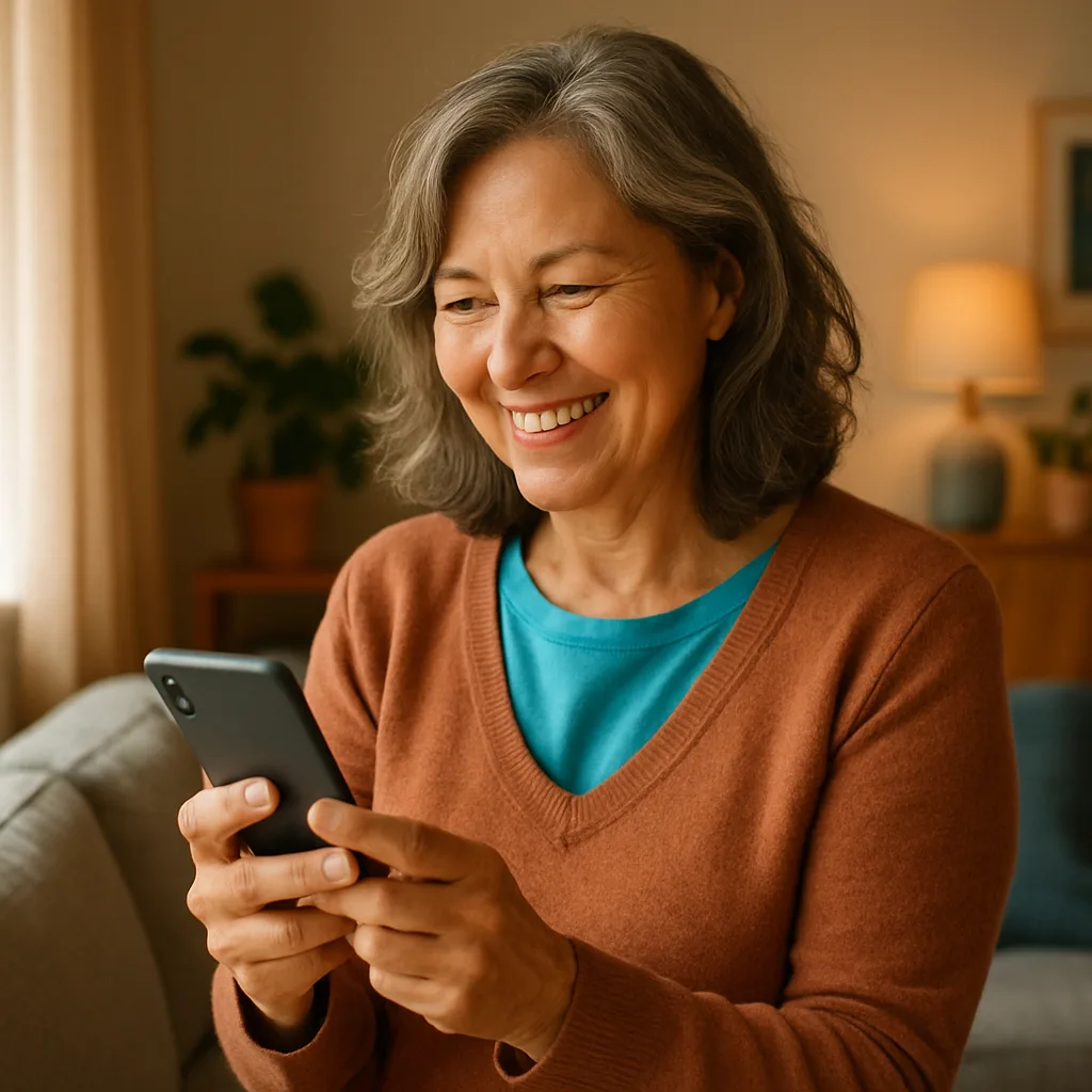 Smiling woman confidently checking her phone — verified profiles on The Shropshire Dating Site